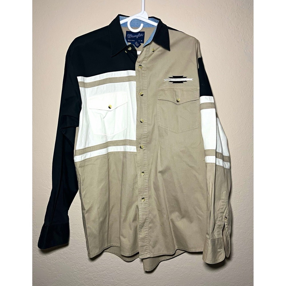 Wrangler Western Shirts MH3562M M Tan Black White Colorblock Cotton Woven LS